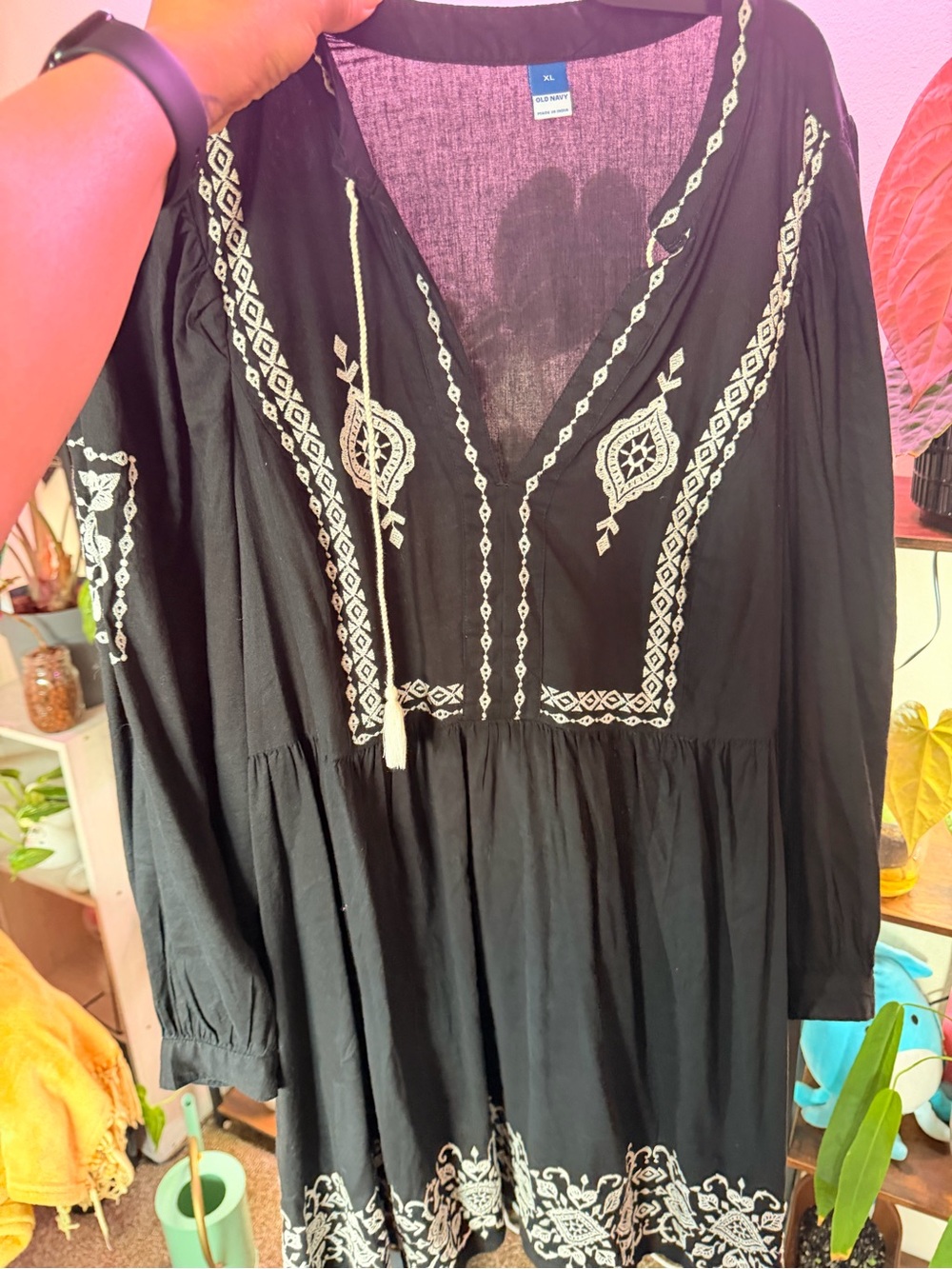 Old Navy Black Midi Dress with White Embroidered Detail